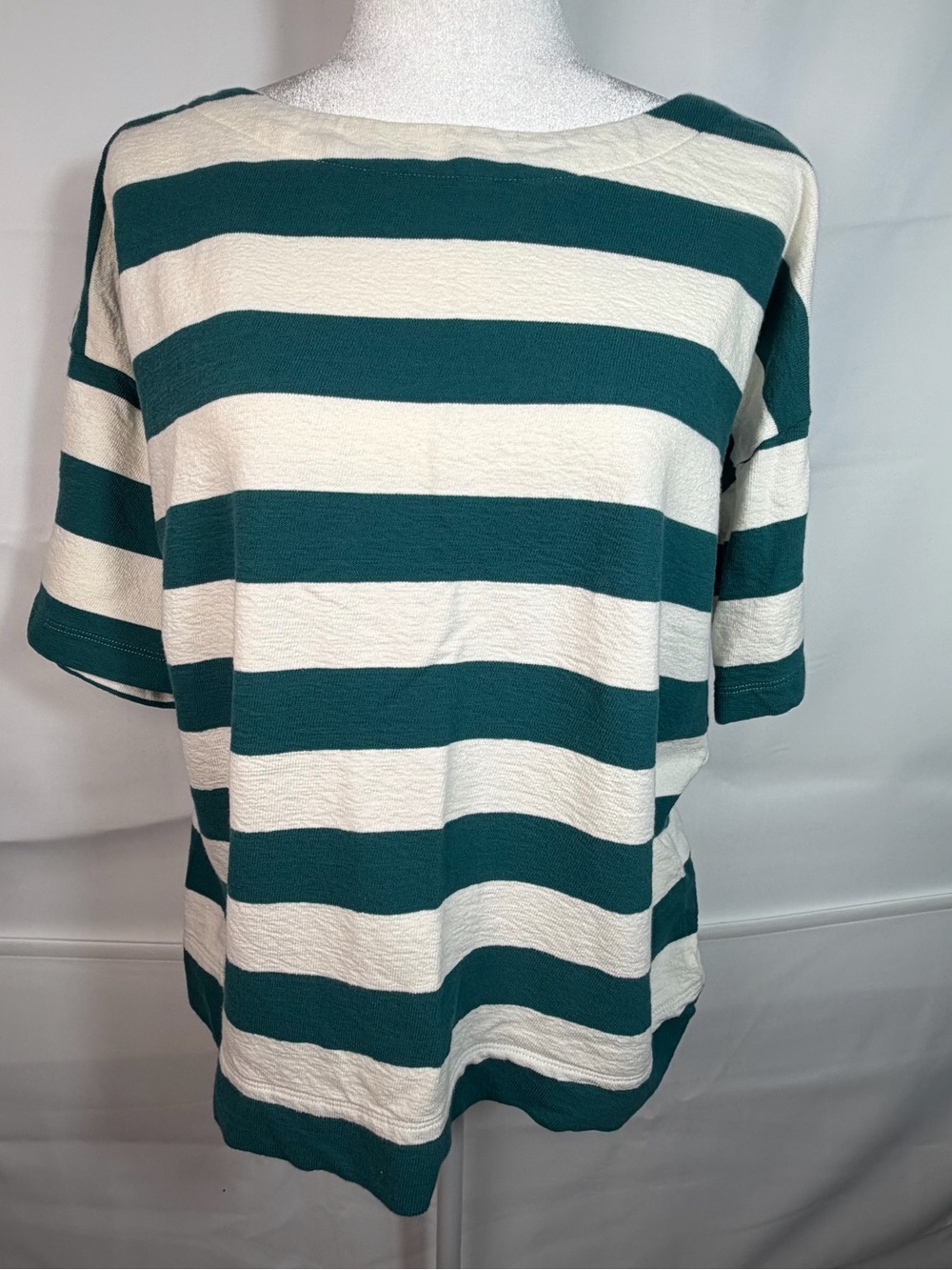 J. Jill Preppy Teal Cream Striped Top 100% Cotton Tee Large Coastal Preppy